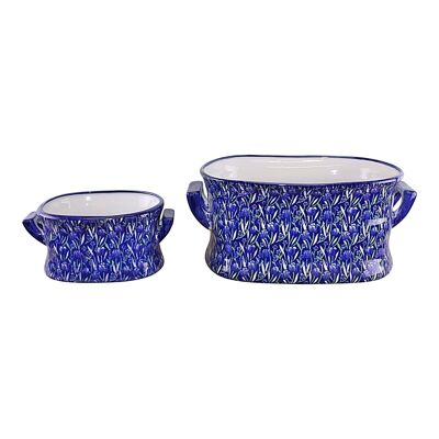 Set mit 2 Keramik-Pflanzgefäßen für Fußbäder, Vintage-Design mit blauen und grünen Krokussen
