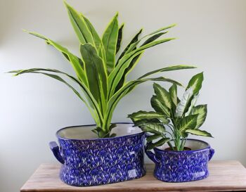 Ensemble de 2 jardinières en céramique pour bain de pieds, motif crocus bleu et vert vintage 3