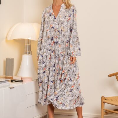 Bohemian print long dress buttoned in front and V-neck with flared sleeves