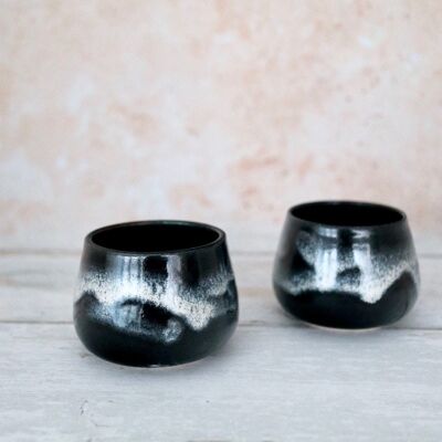 Handmade Japanese ceramics stoneware Navy & white sake cup set of two Snow on the mountains collection