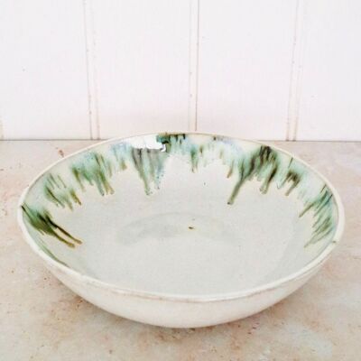Handmade Japanese ceramics pottery stoneware White and dark green Round Fruit bowl Pasta bowl  Mori Forest collection.