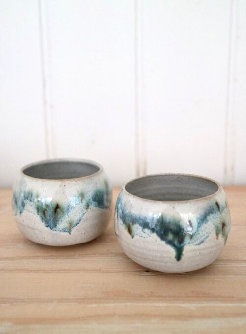 Handmade Japanese ceramics stoneware White & Green black Sake cups  Espresso cups set of two Mori Forest  collection