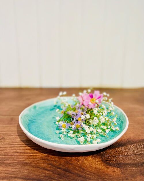 Handmade Japanese ceramic stoneware green & white fruit salad Ikebana bowl Titan