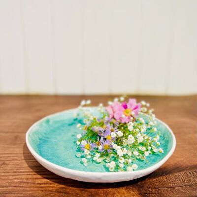 Handmade Japanese ceramic stoneware green & white fruit salad Ikebana bowl Titan