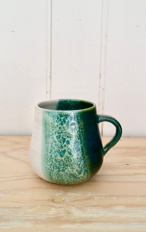 Handmade Japanese stoneware ceramics Dark green & white Mug Snow on the moss Collection