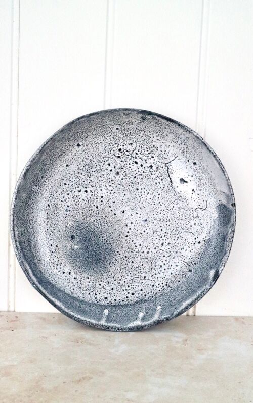 Handmade Japanese ceramics stoneware Blue and White dots Round dinner plate  Dark snow collection