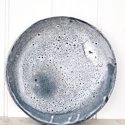 Handmade Japanese ceramics stoneware Blue and White dots Round dinner plate  Dark snow collection