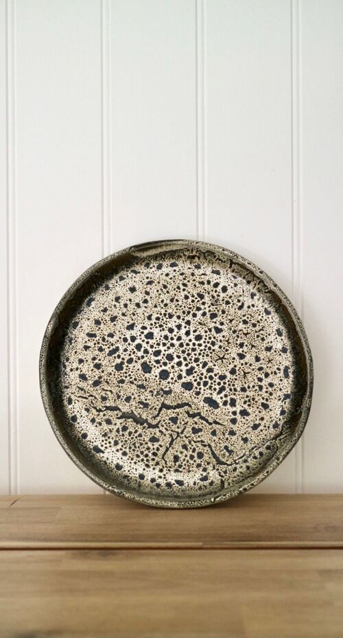 Handmade Japanese ceramics stoneware dark brown and White dots Dinner plate  Croco
