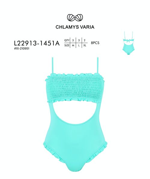 L22913 One piece swimwear with ruche detail-Solid Color