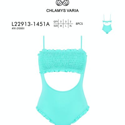 L22913 Maillot de bain à une pièce avec détails froncés-Couleur unie