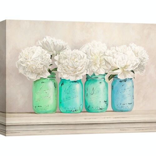 Quadro shabby con fiori, su tela: Jenny Thomlinson, Peonie in Mason Jars