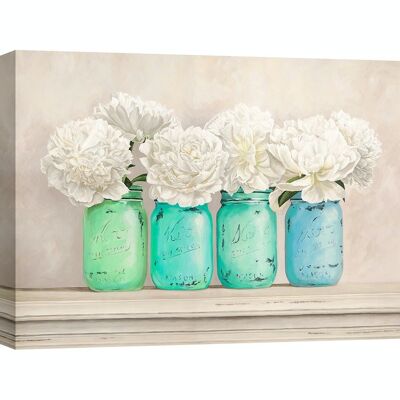 Shabby painting with flowers, on canvas: Jenny Thomlinson, Peonies in Mason Jars