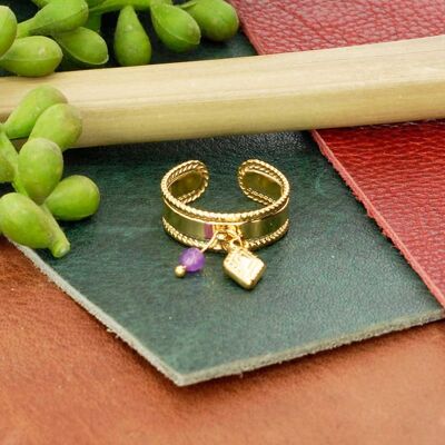 Golden stainless steel ring with natural stone
