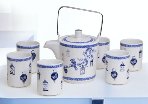 Teapot with 6 tea cups Lantern porcelain blue