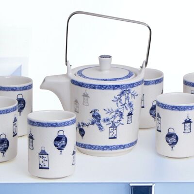 Teapot with 6 tea cups Lantern porcelain blue