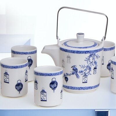 Teapot with 6 tea cups Lantern porcelain blue