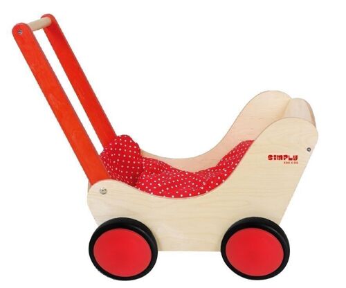 Puppenwagen Lauflernwagen aus Holz, natur / rot mit Garnitur und Gummirädern 01161