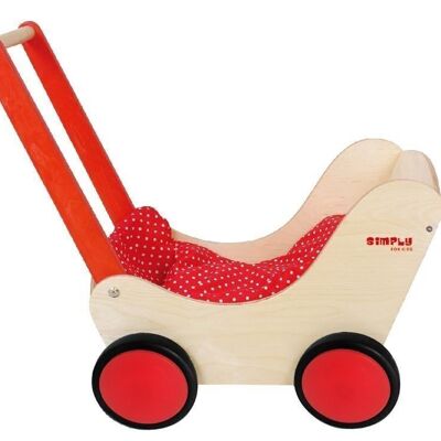 Trotteur landau de poupée en bois, naturel / rouge avec jeu et roues en caoutchouc 01161