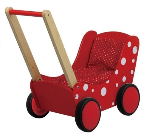Puppenwagen Lauflernwagen aus Holz, Red Dots mit Garnitur und Gummiräder 01171