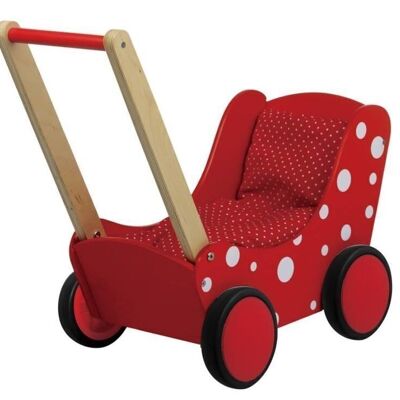 Puppenwagen Lauflernwagen aus Holz, Red Dots mit Garnitur und Gummiräder 01171