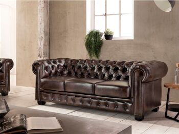 Canapé Chesterfield 5 places cuir véritable marron 5