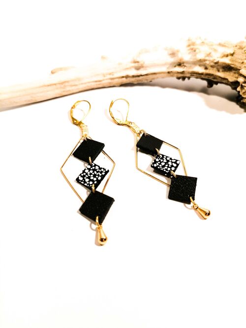 Boucles d'oreilles MOZAIK dorées - Cuir - Noir