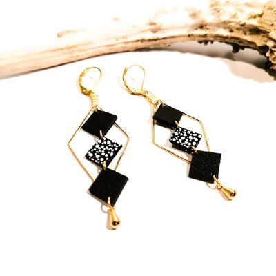 Boucles d'oreilles MOZAIK dorées - Cuir - Noir