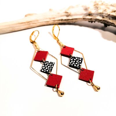 Golden MOZAIK earrings - Leather - Red