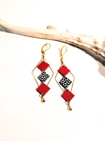 Boucles d'oreilles MOZAIK dorées - Cuir - Rouge 3