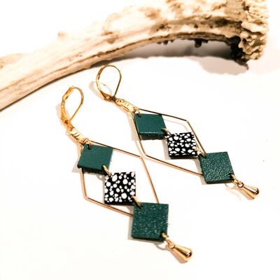 Golden MOZAIK earrings - Leather - Emerald green