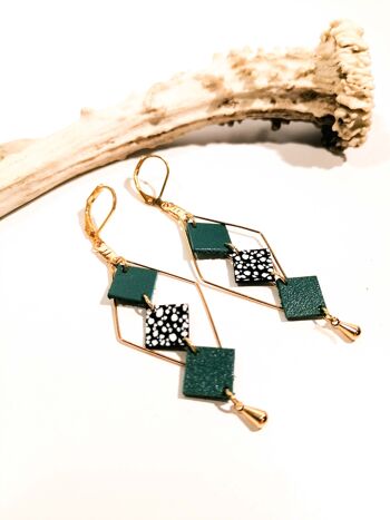 Boucles d'oreilles MOZAIK dorées - Cuir - Vert émeraude 1