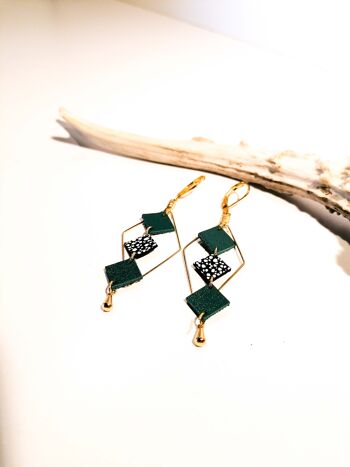 Boucles d'oreilles MOZAIK dorées - Cuir - Vert émeraude 2