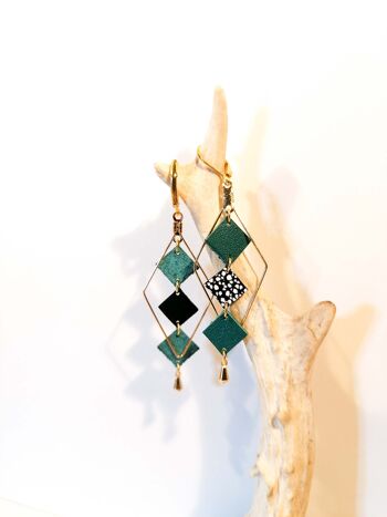 Boucles d'oreilles MOZAIK dorées - Cuir - Vert émeraude 3