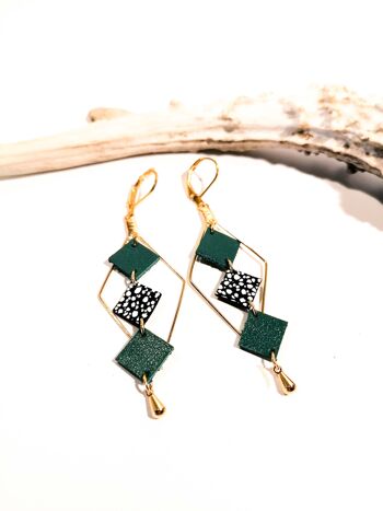 Boucles d'oreilles MOZAIK dorées - Cuir - Vert émeraude 5