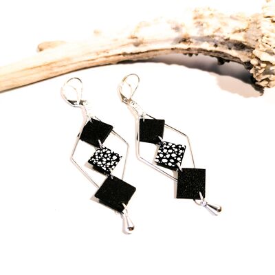 MOZAIK silver earrings - Leather - Black