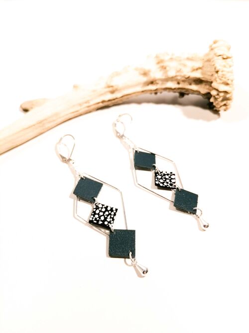 Boucles d'oreilles MOZAIK argentées - Cuir - Bleu canard
