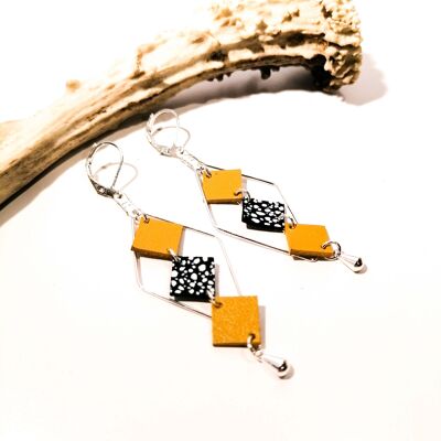 Boucles d'oreilles MOZAIK argentées - Cuir - Jaune moutarde