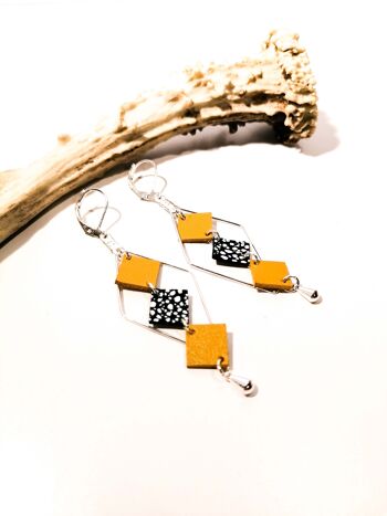 Boucles d'oreilles MOZAIK argentées - Cuir - Jaune moutarde 1