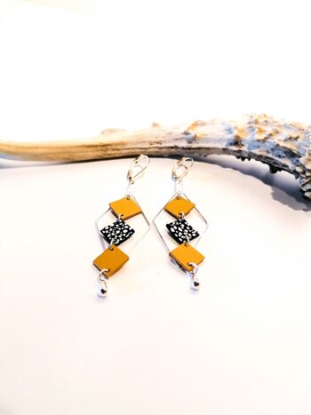 Boucles d'oreilles MOZAIK argentées - Cuir - Jaune moutarde 2