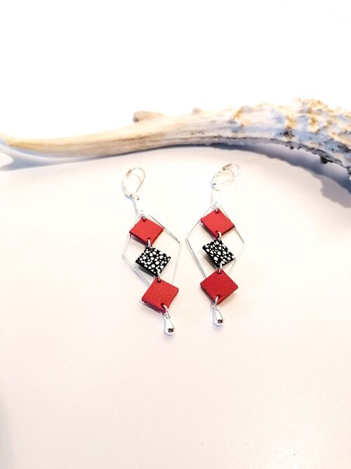 Boucles d'oreilles MOZAIK argentées - Cuir - Rouge