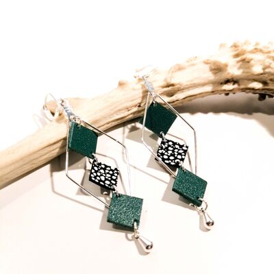 MOZAIK silver earrings - Leather - Emerald green