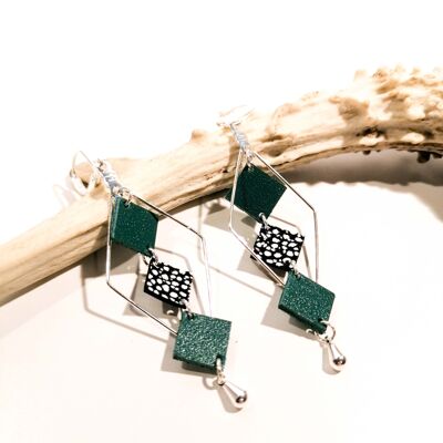 Pendientes de plata MOZAIK - Cuero - Verde esmeralda