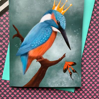 The fisher king. Kingfisher greetings card , blank art card . Bird card