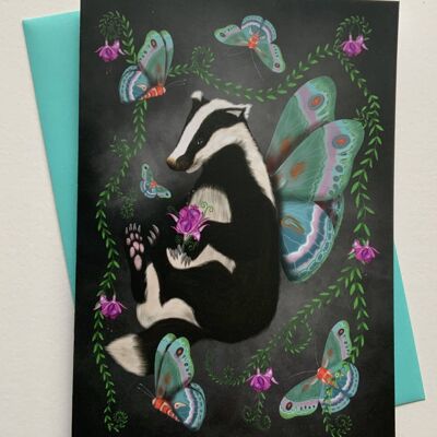 One Spring Morning. Badger butterfly greetings card , woodland fantasy art card