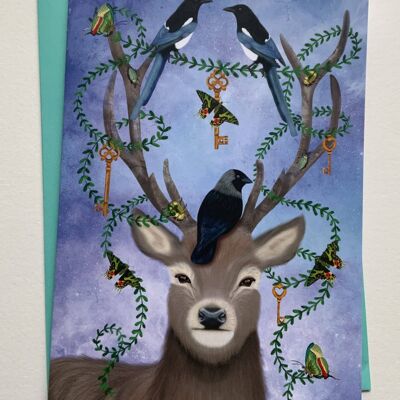 The Gathering. Deer greetings card , woodland , birds art card