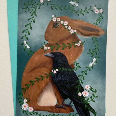 Beltane. Hare and Raven greetings card , pagan , fantasy art card