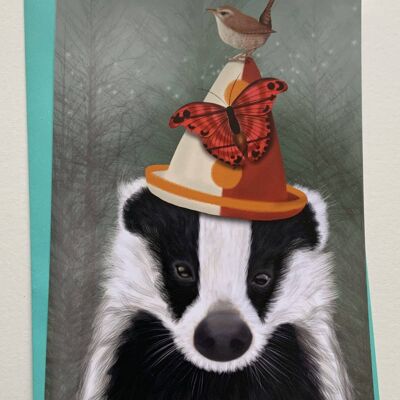 Bills Birthday. Badger greetings card , woodland , happy birthday art card