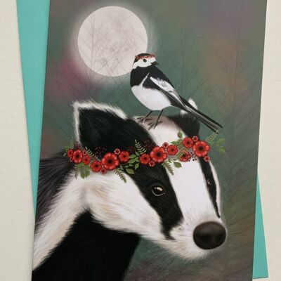 Summers Eve. Badger greetings card , woodland , bird art card