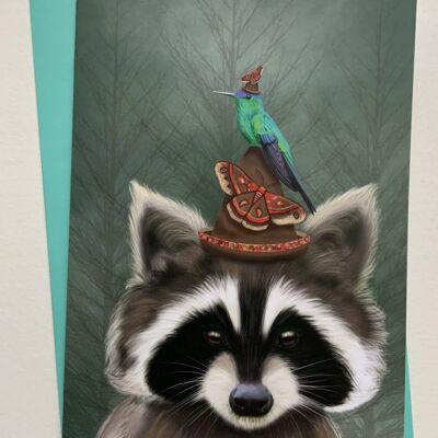 Trash Bandit. Raccoon greetings card , cute art card