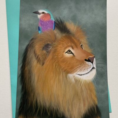 The Dandy Roller. Lion greetings card , wildlife , big cat art card